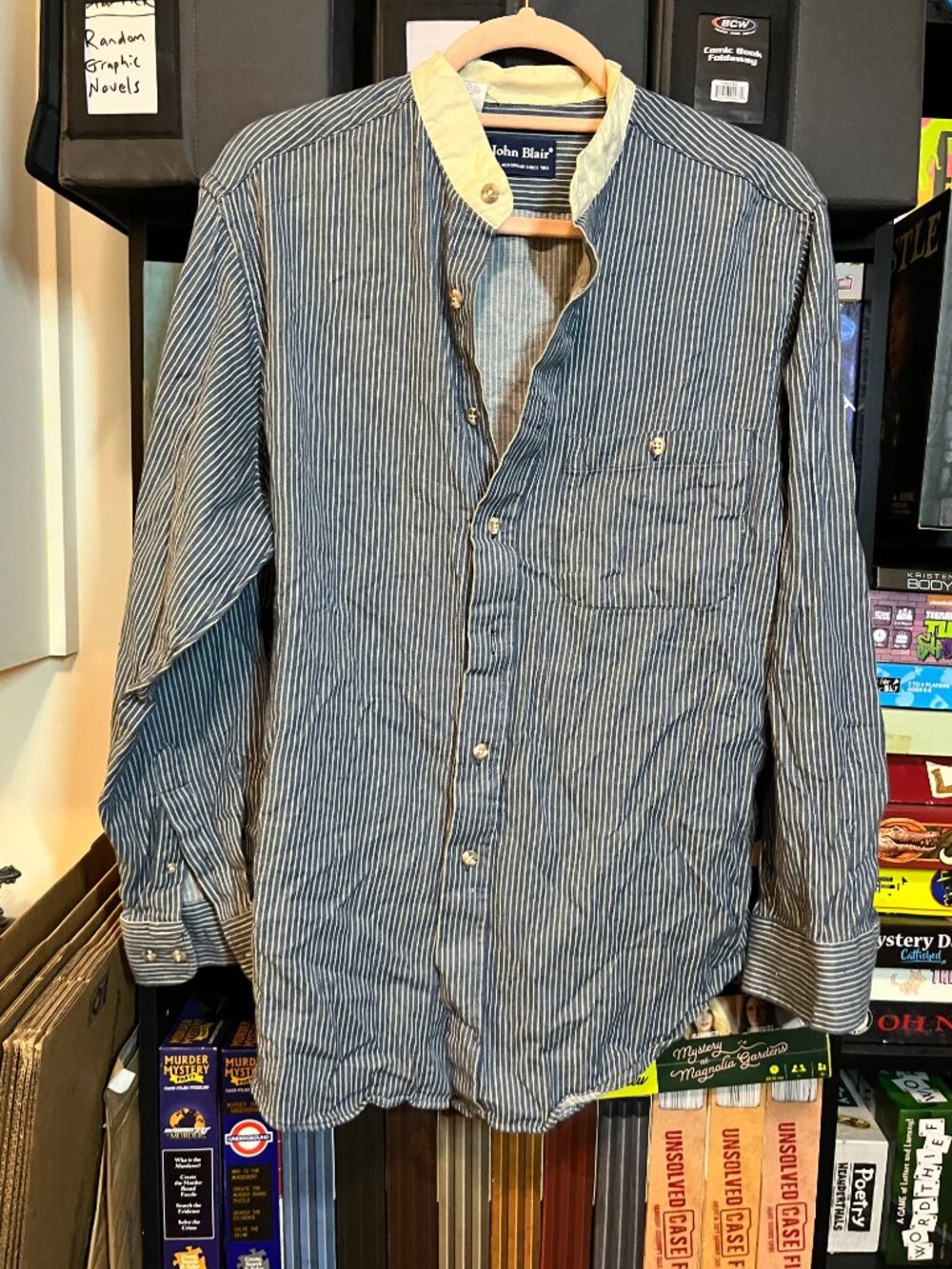John Blair Blue Striped Button Up Shirt Mens L Long Sleeve Contrast Collar Casua